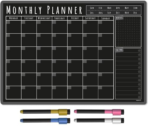 TMS Lavagna bianca settimanale A3, calendario magnetico per frigorifero e penne cancellabili a secco, pianificatore per pasti o famiglia per cucina (lavagna nera, A3-mensile)