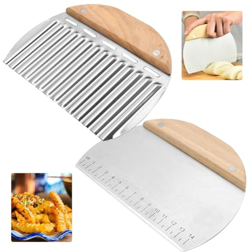 Cortador Rascador de Masa y Cortador Ondulado de Acero Inoxidable Set, Raspador de Masa con escala de medición, Espátula de Masa con Mango, Rasqueta Cortadora, para Cortar Masa, Pizza, Patatas, Frutas