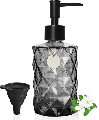 GKSCXEXE Distributeur de Savon en Verre, 330 ML, Noir, pour Cuisine, Salle de Bain, avec étiquettes en Bois, Funnel Noir, Pompe en Plastique pour lotions, Gel Douche, shampooing