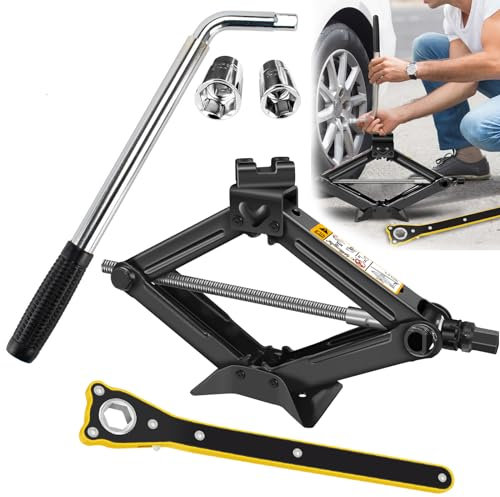 Car Tyre Changing Tools Kit Upgrade Universal Scissor Jack 2 Ton Labor-Saving Scissor Wind Up Jack & Telescoping Lug Wrench Set Wheel Brace Wrench Universal Standard Sockets 17&19mm/21&23mm