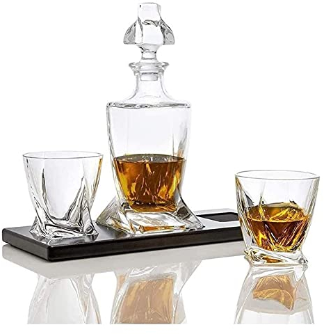 QTANZIQI Decanter per Whisky Decanter per Vino Set di Bicchieri da Whisky e Decanter per liquori, Il Vetro ha Un Fondo Quadrato attorcigliato, con 2 Bicchieri di Cristallo per Bourbon sul Vassoio di