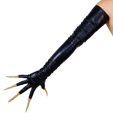 DooWay Women Fingerless Long Gloves 28 Opera Leather Gloves Upper Arm Length Open Fingertip, Shine Black, Medium