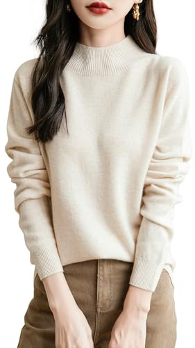 Chanyarn Maglione da Donna in 100% Lana Merino Collo Alto Demi Lavorato a Maglia Senza Cuciture a Maniche Lunghe (Beige,L)