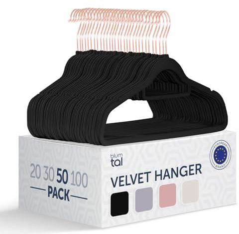 Blumtal Kleiderbügel 50 Stück ohne Clips - Kleiderbügel Samt 360° drehbar und belastbar - Ultra platzsparend und rutschfest - Hangers - Samtbügel Rosegold/Schwarz