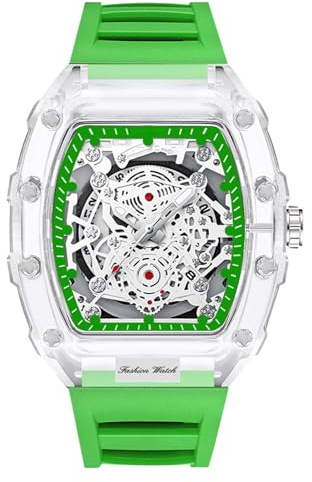 rorios Durchsichtig Tonneau Armbanduhren für Herren Analog Quarz Herrenuhren Mode Silikon Uhr Leuchtend Datum Kalender Uhr für Männer Grün