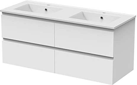 Acezanble 1200mm Bathroom Vanity Unit With Wash Basin Ceramic Sink, 2 Drawers, High Gloss White, Wall Hung Cabinets, Cloakroom Storage Furniture Under Basin Cabinet