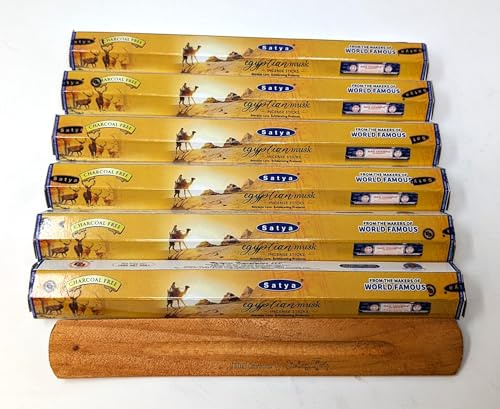 Satya Ägyptischer Moschus Räucherstäbchen - 6 x 20 Stäbchen (120 insgesamt) - Holzkohlefrei - Beruhigendes & exotisches Aroma - Inklusive JRose Holzbrenner - Natürliches Masala Räucherstäbchen