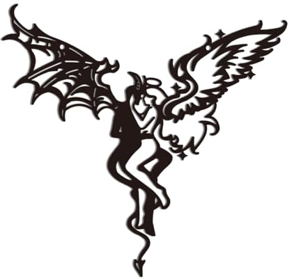 WADORN Wanddekoration Aus Metall Mit Teufel Und Engel Wand Silhouette Skulptur Mit Märchenmotiv Schilder Teufel Mit Flügel Engel Wandkunst Heimdekoration Für Zuhause Balkon Garten Innenhof 30x28.8cm
