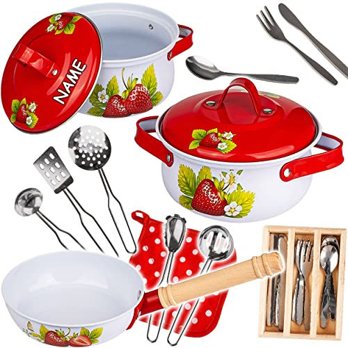 alles-meine.de GmbH 24 TLG. Set Kochset & Topfset - Puppengeschirr/Kochtopfset - Erdbeere - inkl. Name - aus Metall/Emaille - echte Blech Töpfe/Panne + Küchenhelfer - Koc..