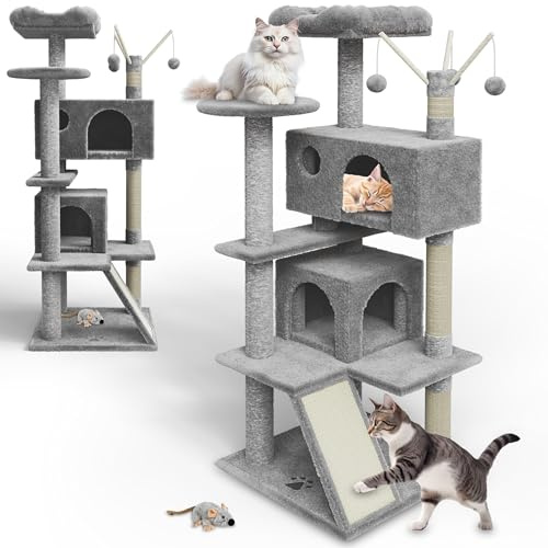 zooprinz Premium Kratzbaum XXL – Katzenbaum für große Katzen | Breiter Kletterturm mit dicken Sisal-Säulen, Höhle, Hängematte, Bällen, Seil und Plüschmaus, Hellgrau
