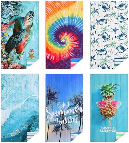 Casa Platino 6-Pack Oversized Microfiber Beach Towels – 71x32 Sand-Free, Lightweight & Quick-Dry – Double-Sided Printed Pool, Travel, Swim & Beach Towel for Adults & Kids – Maslin