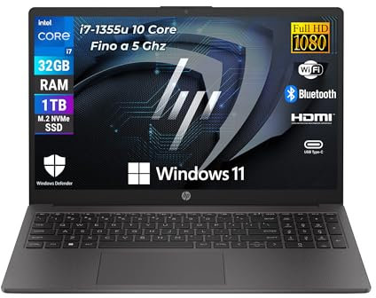 HP 250 G10, Intel Core i7-1355U 10 Core 3.7 Ghz, Computer portatile Notebook Display 15.6 Full HD, Ram 32 GB DDR4-SDRAM 1 TB SSD, Wi-Fi 5, Windows 11 Pro