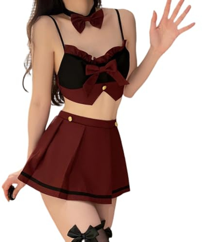 QNCLO Ropa interior de cosplay para mujer japonesa JK anime falda plisada sexy uniforme escolar (clarete)