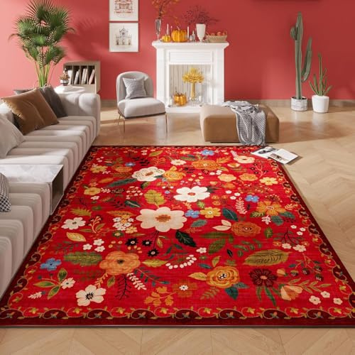 Sedefen Teppich Rot 200x300 cm Kurzflor Blumen Boho Rutschfester Waschbarer Flauschig Teppich Wohnzimmer Schlafzimmer Kinderzimmer Küche