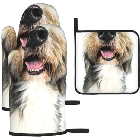 Cane Bearded Collie Naso Divertente,Guanti da cucina Guanti da forno antiscivolo Resistenti al calore Set da tre pezzi Guanti da forno e presine