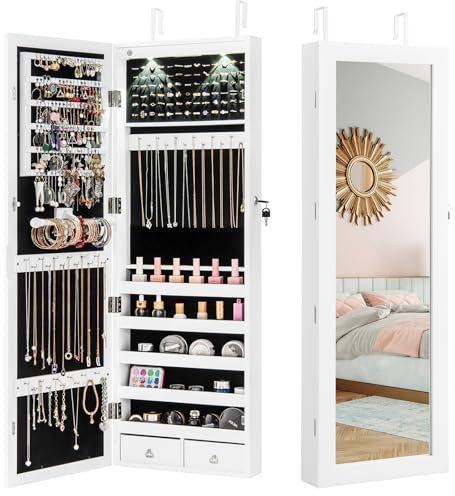 RELAX4LIFE Schmuckschrank hängend, Spiegelschrank mit 2 Schubladen & 2 LEDs & Schloss, Schmuckorganizer für Ohrringe & Armband & Kette & Ringe & Kosmetik, Tür- & Wandmontage (Weiß)