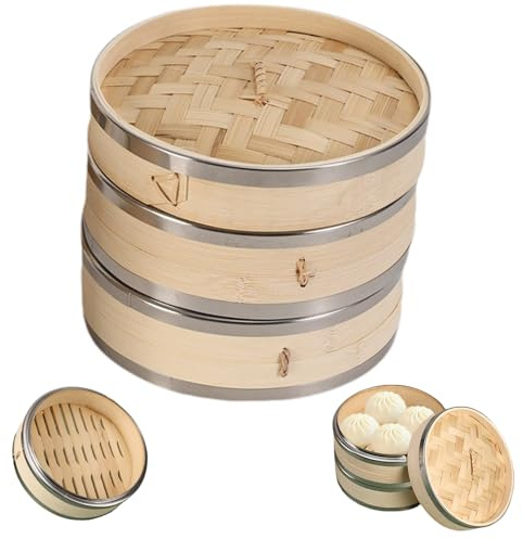 Panier à vapeur panier de vapeur à 2 niveaux avec couvercle 7, 5 '' Bambou Paniers grands pour la cuisson en pot Baozi Pin Sum