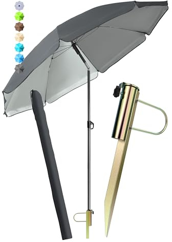 Menz Sonnenschirm Strand Ø 180 cm mit Rasendorn 3-in-1 SET, Anthrazit | UPF 50+ Strandschirm windfest stabil + Schirmhülle + Rasendorn Sonnenschirmhalter - Sonnenschirm SET für Garten, Schirmspieß