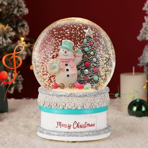 Lewondr Musikalische Weihnachtsschneekugel, Kuchenbasis und Schneemann mit Formellem Hut, Glitzer&8 Lieder&Timer, Batteriebetriebene Singende Weihnachtsschneelaterne für Heimdekoration Xmas Geschenk