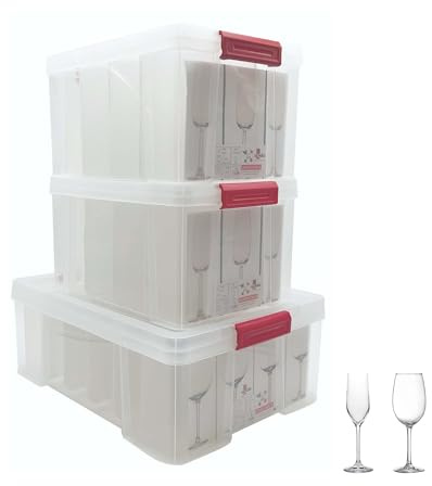 Sundis Glass Store et Champ Store, lot de 3 boîtes de rangement pour verres | Avec couvercles, robustes, transparentes, clips de fermeture, superposable