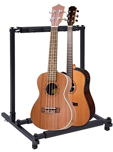 3-Fach Gitarrenständer Klappbar, Stabiler Metall-Stativ mit EVA-Schaumstoff für Akustik/E-Gitarren/Bässe, Max. 5.5kg Traglast, 62.5x47x73cm, für Studio/Bühne/Musikladen, inkl.Fußverstellung & Werkzeug