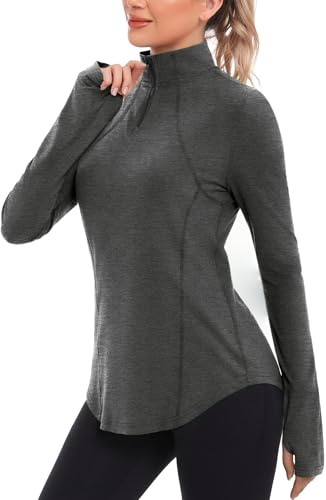 Crewhpo Womens Long Sleeve Running Tops 1/4 Zip Gym Shirts with Thumb Holes