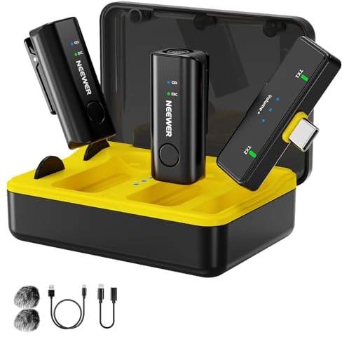NEEWER KM23 Pro Microfono Lavalier Wireless per iPhone Android Phone Tablet Laptop PC Computer Riprese Video Streaming con Custodia Ricarica Cavo USB C OTG, Mini Mic a Condensatore a Clip, Portata 40m