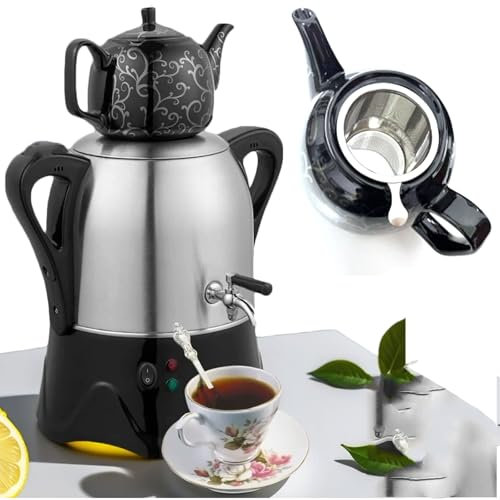 QINPI Teiera elettrica Turca, bollitore in Acciaio Inox da 3 Litri, teiera in Ceramica da 1 litro, con Filtro per Il tè e Coperchio, Samovar Elettrico con Funzione di Mantenimento in Caldo, per Feste