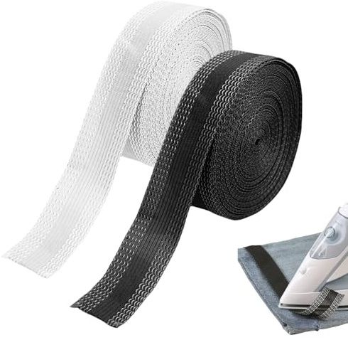 2 Rollen Saumen Bügelband 10m Saumband zum Aufbügeln 25mm Breit Bügelband, Bügelkleber, Selbstklebend Kleidung AufbüGeln Klebeband für Kleidung Hosen Stoffe, Schneller Saum Stoffband (Schwarz, Weiß)