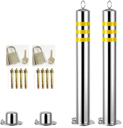 Thickened 3d Parking Lock,Stainless Steel Tube Traffic Sign ,Roadblock Parking Lot Railing Safety Column With Reflective Strips. This Column Can Be Widely Use(Size:31.4 x 3, removable with top ring)