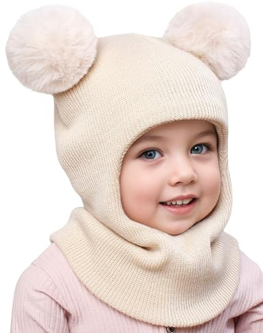Maeau Vinter stickad balaclava för barn, bebis, flicka, 6 månader-10 år, dubbel pompom-mössa, födelse, pojke, stickad hatt, snood skidhatt, varm, mjuk, bekväm, Beige färg, Ett Storlek