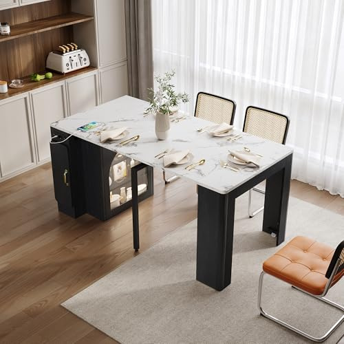 Azkoeesy Tavolo da pranzo allungabile (da 39,6 a 149 cm) con spazio di archiviazione e illuminazione a LED, porta in vetro, presa elettrica, isola da cucina con piano di lavoro rimovibile, per sala da