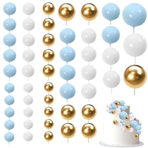 50 PCS Ball Cake Toppers, Cake Topper Balls Foam Balloon Cupcake Toppers DIY Mini Balloons Topper for Party Wedding Birthday Decorating (White Blue Gold)