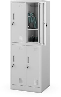 Jan Nowak Spind Metall abschließbar Schließfachschrank Umkleideschrank mit 4 Fächern, 150 x 56 x 45 cm, Sozialschrank, Schülerspind aus Metall mit Belüftung und Garderobenstange Grau