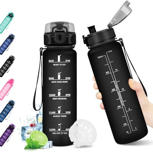 JAPORIA Trinkflasche 500ml, Kohlensäure Geeignet, Sport Trinkflasche Auslaufsicher, Wasserflasche mit Filter und Zeitmarkierung, Wasserflasche für Fahrrad, Schule, Maedchen, Junge, Camping