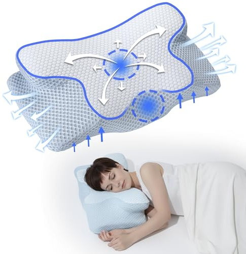 NK Almohada Cervical para Cuello - Espuma 50D con Memoria, Diseño Ergonómico para Dormir Mejor y Aliviar Dolor de Cabeza/Cuello/Hombro, Relajación y Alivio del Estrés, 60x34x13 cm - Azul/Blanco