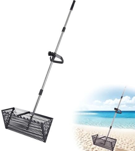 Sand Flohrechen Edelstahl, Rock Sand Sieb mit 39,8 cm Haifischzahn, breiter Korb, Strandhai-Zahnsieb mit abnehmbarem langem Griff zum Strandkämmen (D)