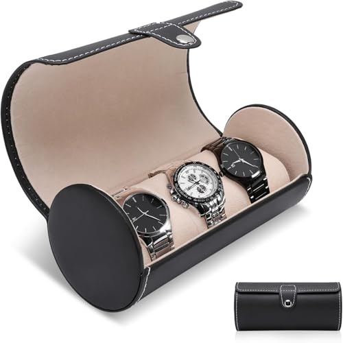 HSYTEK Uhrenschatulle, 3 Fächer Tragbar Uhrenbox, Uhrenrolle mit Anti-Bewegungs Uhrenkissen, PU-Leder Uhrenaufbewahrung, Reise Uhrenkasten, Uhrenrollen-Etui für Damen und Herren (Schwarz)