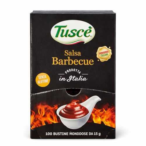 Salsa Barbecue Tusce Monodose – 100 Bustine da 15 g – Salsa BBQ Senza Glutine – Prodotta in Italia – Ideale per Hamburger, Patatine, BBQ e Ristorazione