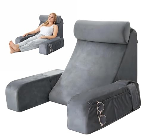 YuLiMirich Lesekissen für Bett und Sofa, Rückenkissen Bett mit Abnehmbarer Nackenrolle & Armlehne, Lesekissen mit Rückenlehne, Kissenrückenlehne, Wandkissen Multifunktions-Keilkissen zum Lesen (Grau)