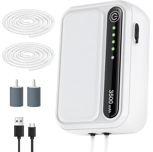 Aquarium Luftpumpe, Luftpumpe Aquarium Aufladbar, 3500mAh Batterie Sauerstoff Aquarium, mit Doppel Auslass, mit Sprudelstein für Outdoor Angeln, Weiß
