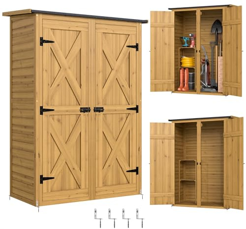 Outsunny Holz-Schuppen Lagerhaus Gartenschrank Doppeltüren Braun | 2 Regale, Riegel, Werkzeugschrank, Schrägdach, Terrasse, Garage