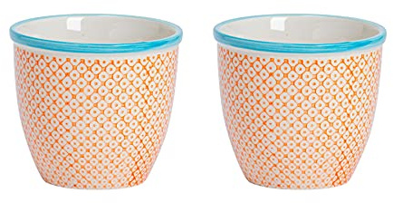 Nicola Spring Handbedruckte Blumentöpfe mit Muster – Orange – 2er-Set | 14cm Steingut-Pflanztopf für Zimmerpflanzen, Sukkulenten, Kakteen, Kräuter & Gartenblumen Dekorativer Pflanztopf