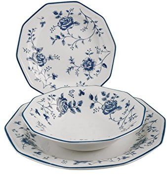 James Sadler&Sons Servizio da Tavola Rose, 18 Pezzi in Earthenware, Bianco/Blu, Lavabile in Lavastoviglie, Stile Inglese