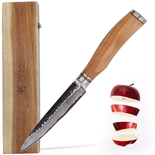 Wakoli Olive HS Damastmesser | Allzweckmesser 12,5 cm aus 67 Lagen Damaststahl mit VG10-Kern | ergonomischer Olivenholzgriff | für Fleisch, Fisch & Gemüse | in Holzbox für Hobby- & Profiköche