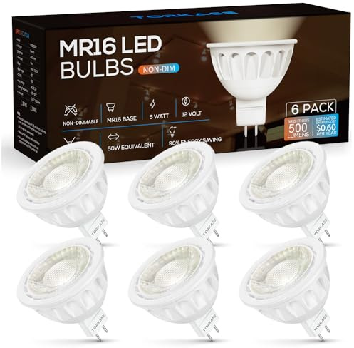 Torkase MR16 LED Light Bulb, AC/DC12V 5W 50W Equivalent, GU5.3 Bi-Pin Base, 3000K Warm White Non-Dimmable, 90% Energy Saving, 40 Degree Narrow Beam Angle Spotlight MR16 Landscape Light Bulbs, 6 Pack