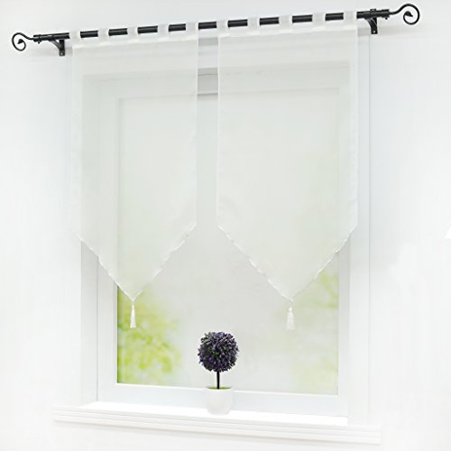 Joyswahl Scheibengardine Voile Bistrogardinen mit Quaste Beige Schlaufen | BxH 45x90cm, Panneaux 2 Stück, Fenstergardinen Einfarbig, Melina Kurzstore landhaus, Küchengardine Transparent, Kleinfenster