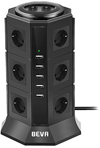 BEVA 12 Prises Tour Multiprise Parafoudre avec 2 USB-C (15W)+3 USB-A +Câble 2M,2500W/10A Prise Multi de avec 2 Interrupteur, Multiprise Electrique Protection Contre Surcharges et Surtensions, Noir