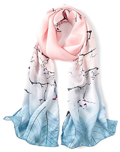 ANDANTINO 100% mullbärssilke, lång halsduk för kvinnor, stora sjalar för huvudscarf och hals, avlånga hårsjalar med presentförpackad, Blå och rosa grenar, L