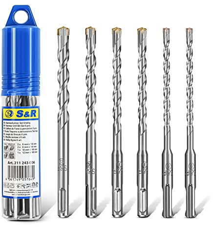 S&R Set Punte Trapano SDS-Plus a 4 Taglienti - 6 Punte per CEMENTO ARMATO e Muratura. Ø 6/8/10/12 x 16cm. Punte Professionali per Trapani di Tutte le Marche.
